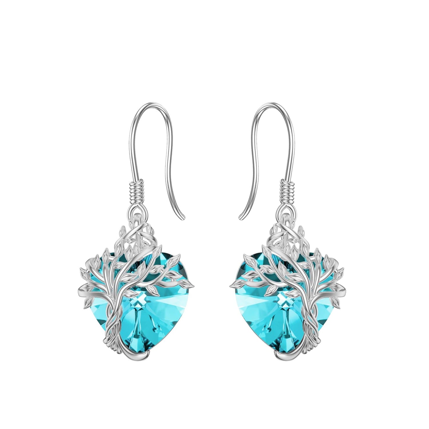 TOUPOP Heart Aquamarine March Birthstone Earrings Sterling Silver Tree of Life Earrings Blue Crystal Jewelry Birthday Mothers Day Gifts for Women Mom Her