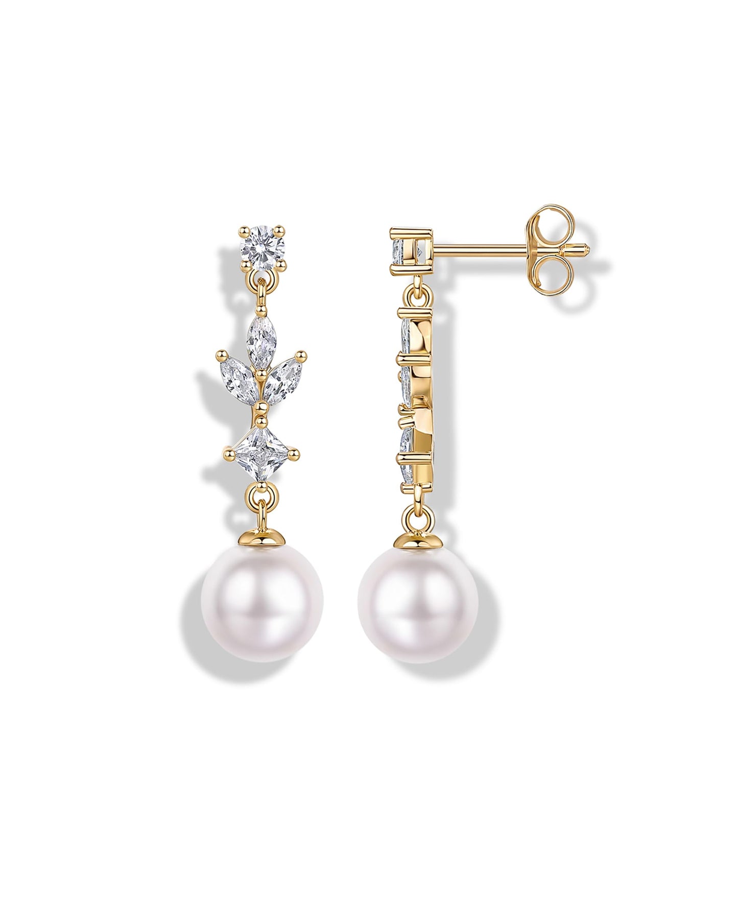 PAVOI 14K Yellow Gold Plated Pearl Drop Earrings for Women - 925 Sterling Silver Posts Large Dangle Pearl Wedding Earrings for Brides & Bridesmaids - Cubic Zirconia Crystal Linear Bridal Jewelry Gifts
