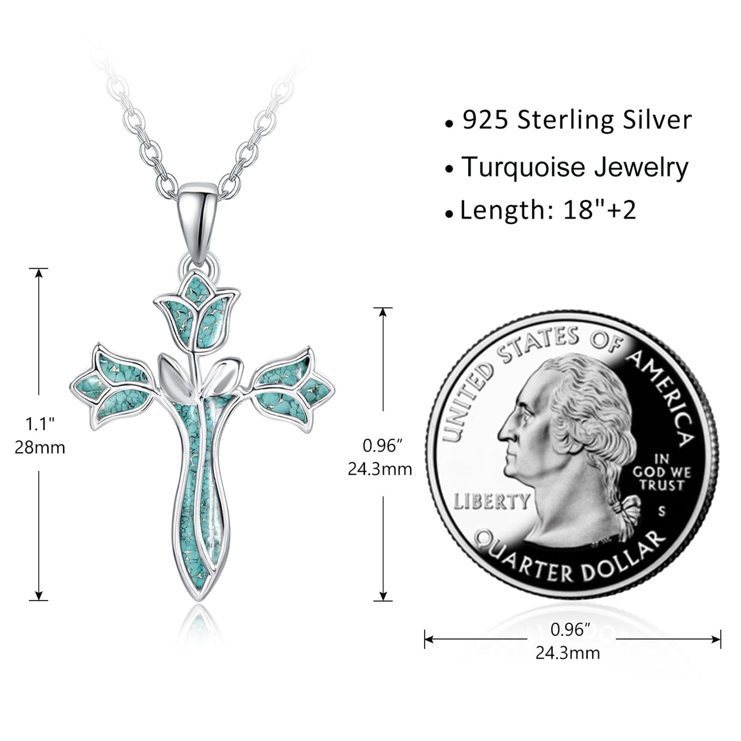 Dreamboat Turquoise Cross Necklace for Women Sterling Silver Cross Pendant Christian Necklace Tulip Rose Faith Confirmation Gifts Religious Jewelry for Mom