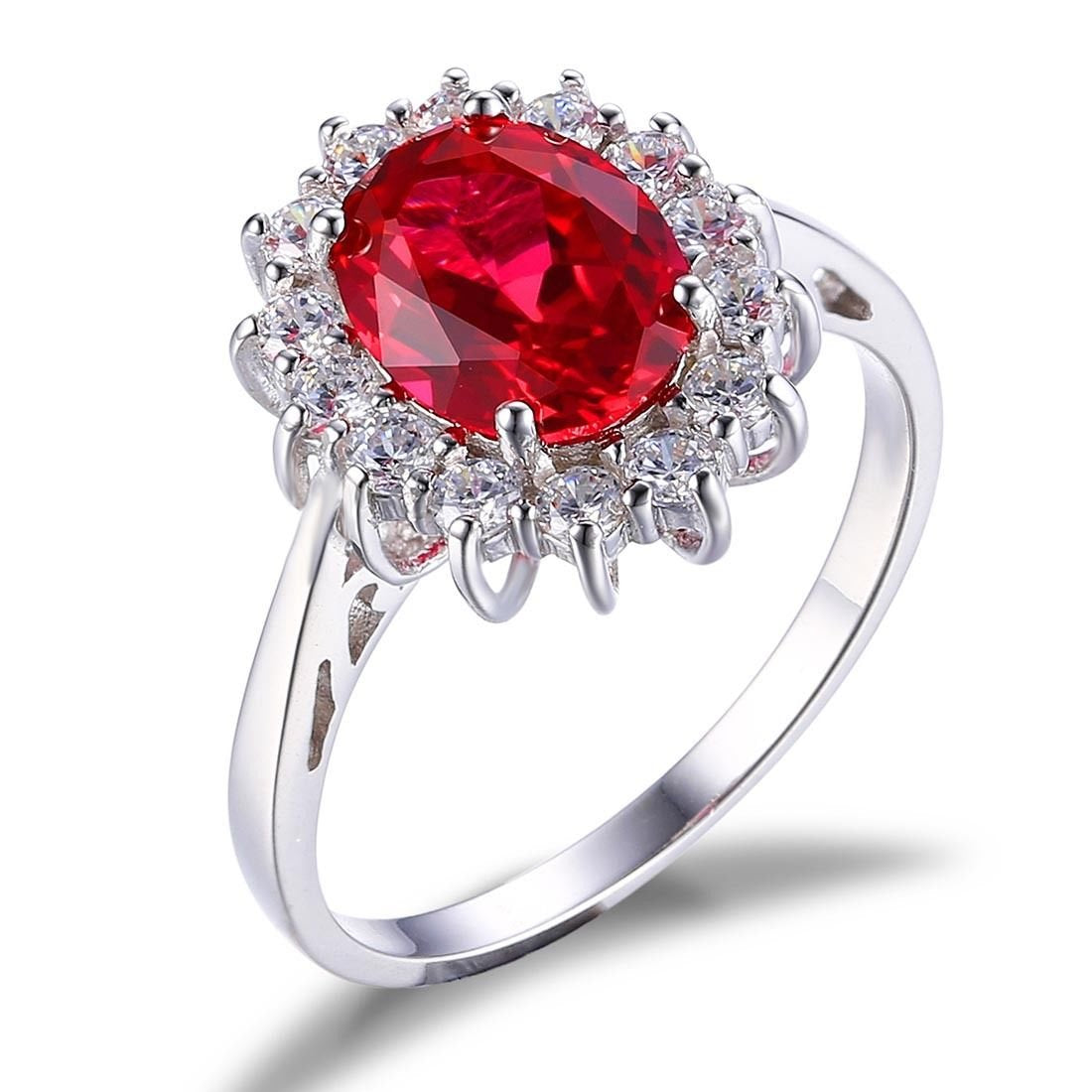 JewelryPalace Princess Diana Kate Middleton Gemstone Birthstone Red Ruby Halo Statement Engagement Rings for Women, 14K White Gold Plated 925 Sterling Silver Promise Rings for Her Size 10.5