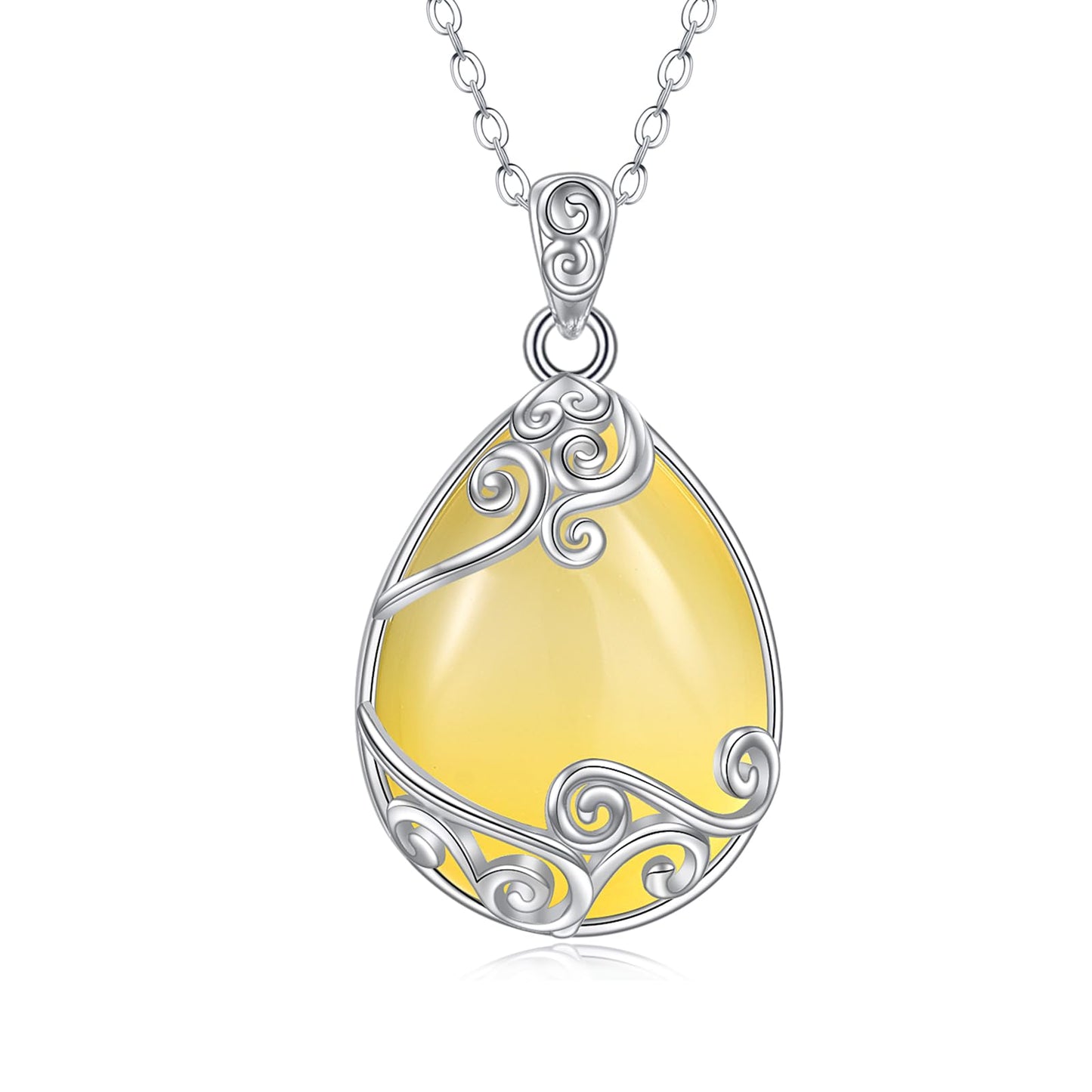 YAFEINI 925 Sterling Silver Yellow Agate Necklace Filigree Teardrop Pendant Necklace Jewelry for Women (DD-Yellow Agate Filigree Necklace)