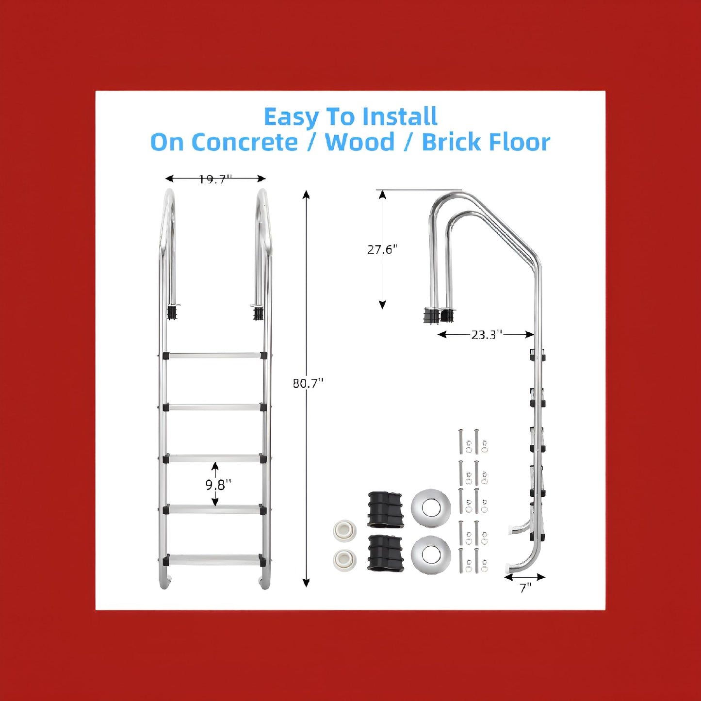 Swimming Pool Ladder, 5-Step Thickened Stainless Steel, Heavy Duty Non-Slip Above Ground Pool Ladder, Weight Capacity 385lbs, for Indoor/Outdoor Pool, Easy Assembly, Sliver