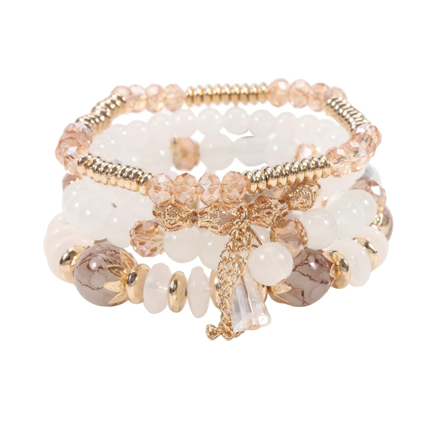 Caiyao 4Pcs Bohemia Multilayer Stackable Beaded Bracelets Set Colorful Crystal Stone Gold Beaded Stretch Bracelets Hawaii Charm Bracelet for Women Men Summer Beach Boho Vacation Jewelry Gifts-White