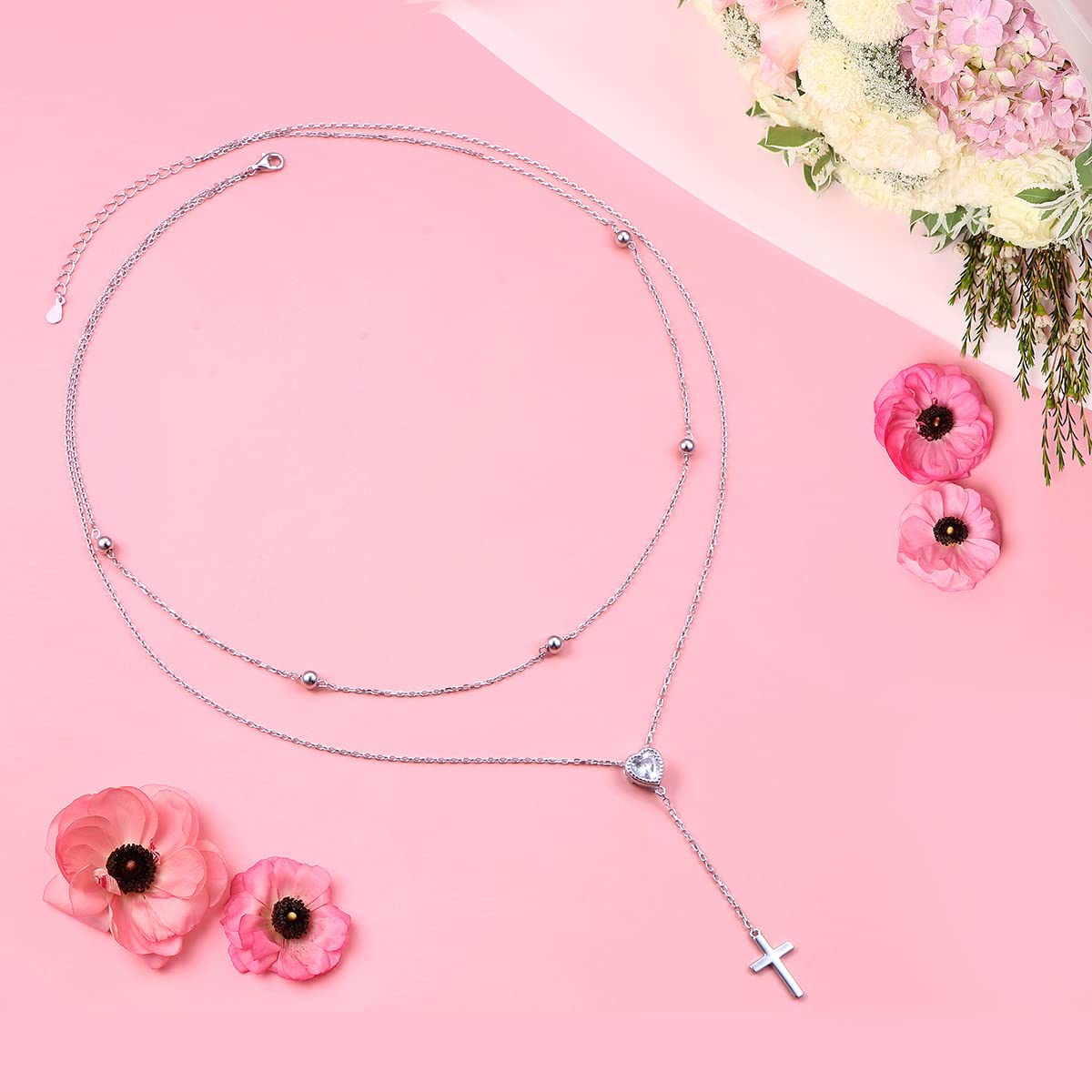 FLYOW Layered Cross Necklace 925 Sterling Silver Heart CZ Double Choker Y Lariat Long Necklace Mothers Day Birthday Valentine's Day Gifts for Women