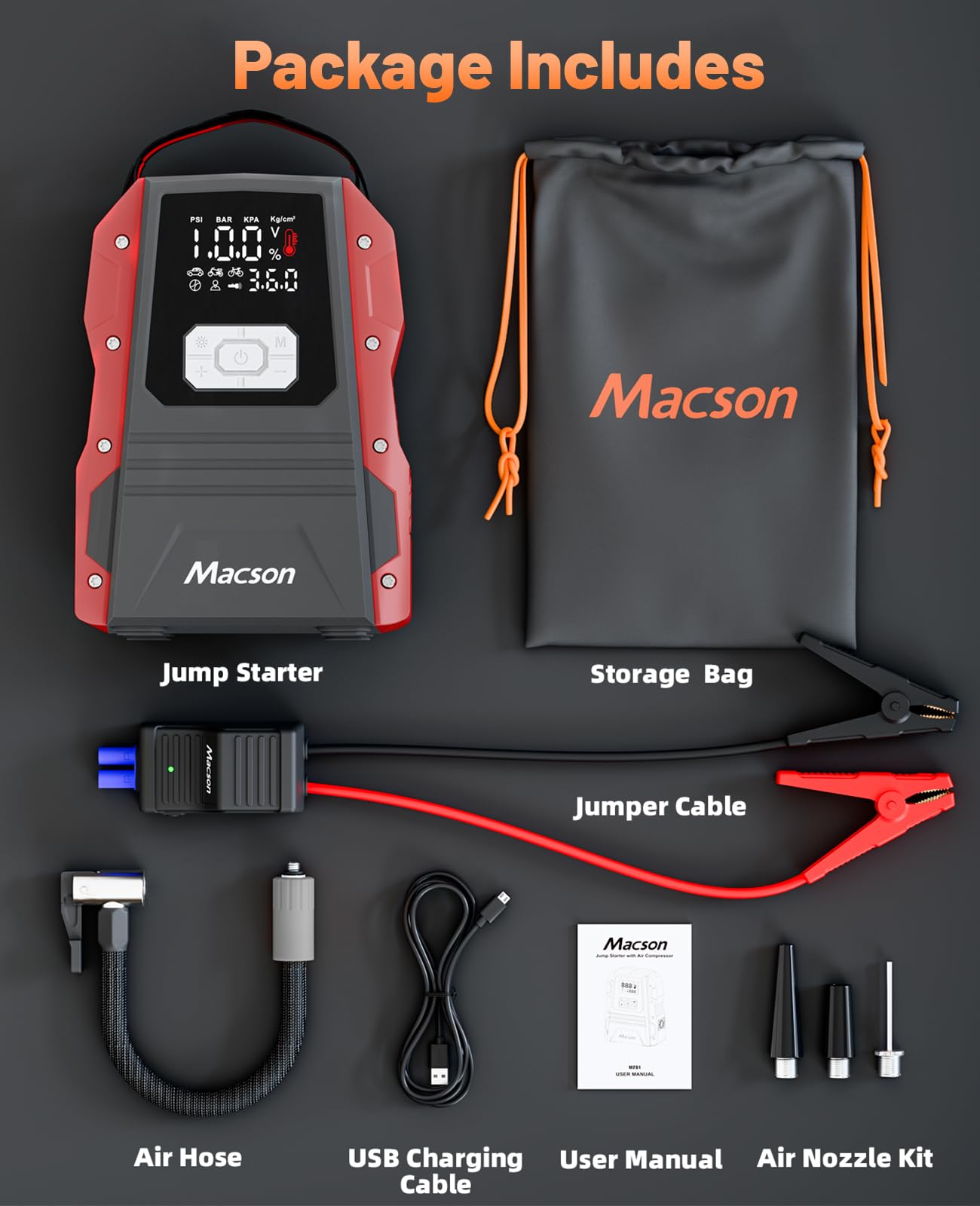 5000A Jump Starter with Air Compressor - Portable 12V Jump Box Battery Pack for 9.0L Gas/8.0L Diesel Engines, Car Jumper Starter Portable with 150PSI Tire Inflator, LED Screen, Fold-Up LED Flashlight