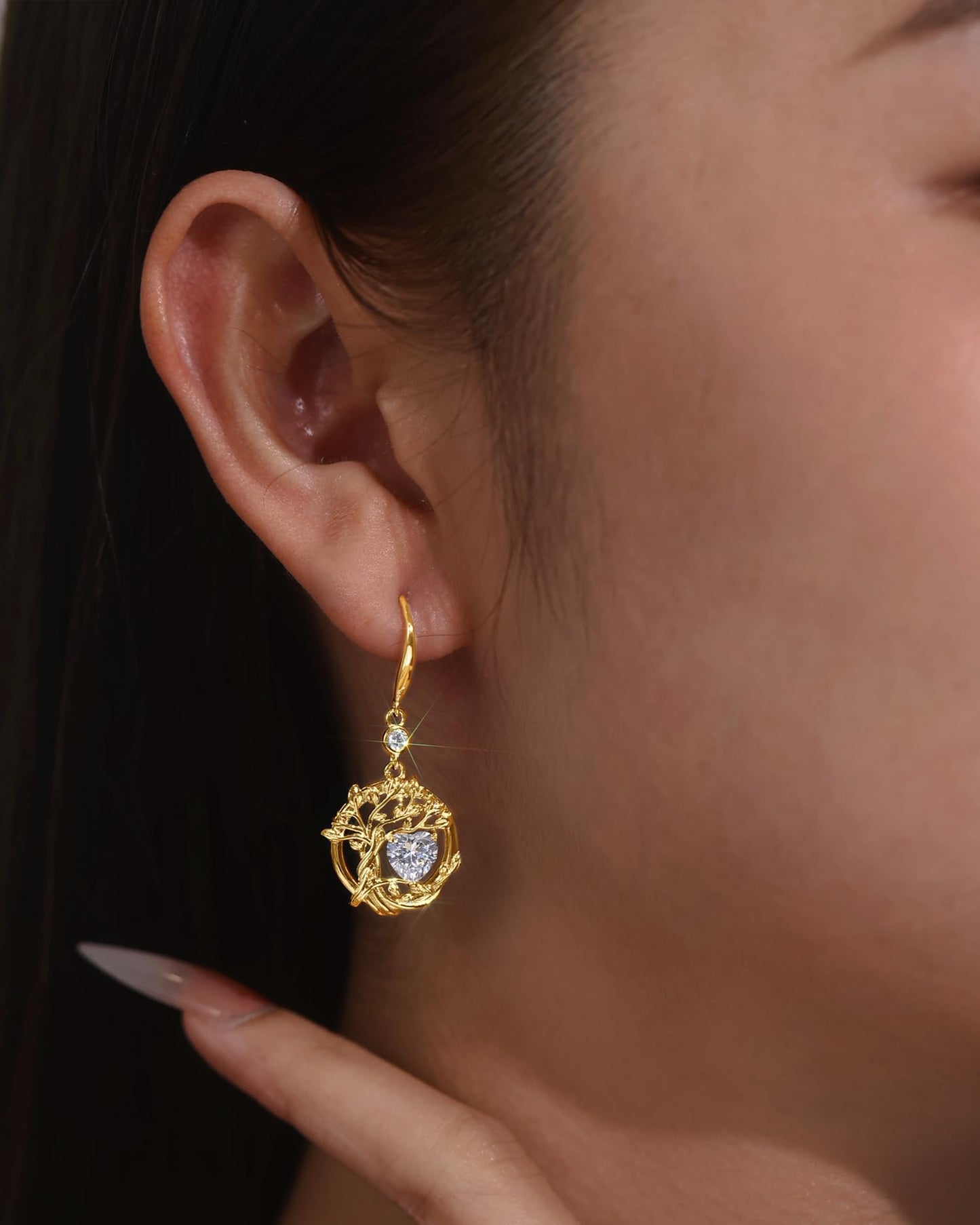 FANCIME Tree of Life Earrings 925 Sterling Silver Yellow Gold Plated CZ Cubic Zirconia Dangle Drop Simulated Diamond Earring April Birthstone Fine Jewelry Birthday Mothers Day Gifts for Mom Women