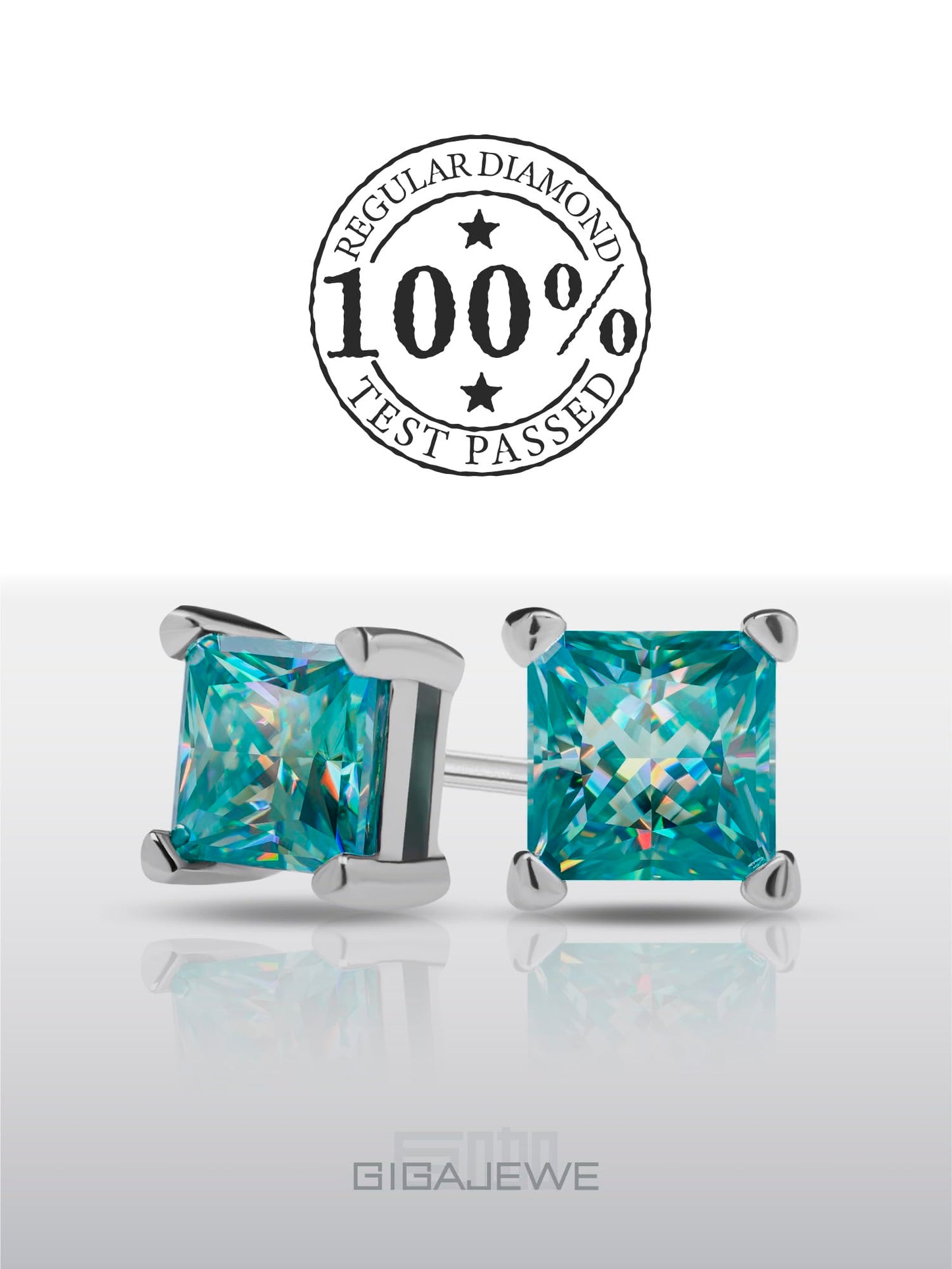 GIGAJEWE Blue Green Color Moissanite Stud Earrings 5mm Princess Cut Moissanite Earrings 1.6ct/pair,18K Gold Plated 925 Steling Silver, Stud Earrings For Women (Princess-cyan)