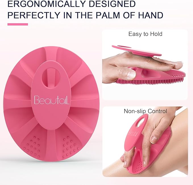 Silicone Body Scrubber 2 Pack, BEAUTAIL Shower Bath Wash Brush, Gentle Exfoliating Scrub Cleansing Loofah for Women Men Baby Sensitive Skin, Easy to Clean, Lather Nicely, More Hygienic, Pink+Blue
