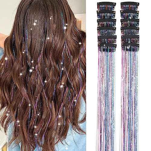Hair Tinsel Pack of 12 Pcs Colorful Glitter Hair Accessories 20 Inch Clip in Hair Tinsel Extensions Fairy Hair Accessories Party Kit for Women Girls Kids (12Pcs,Colorful#)