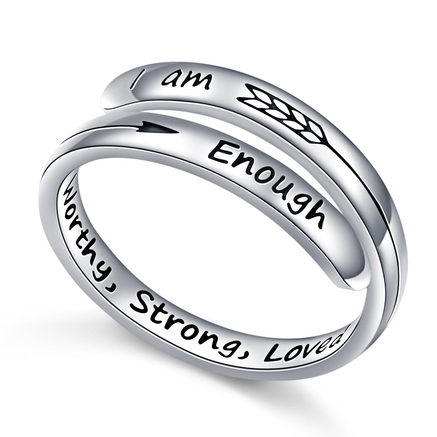 Ladytree Adjustable Inspirational Rings 925 Sterling Silver Stacking Wrap Spiral Twist Statement Band Encouragement Jewelry Birthday Gift for Women Men(I am Enough Worthy,Strong,Loved)