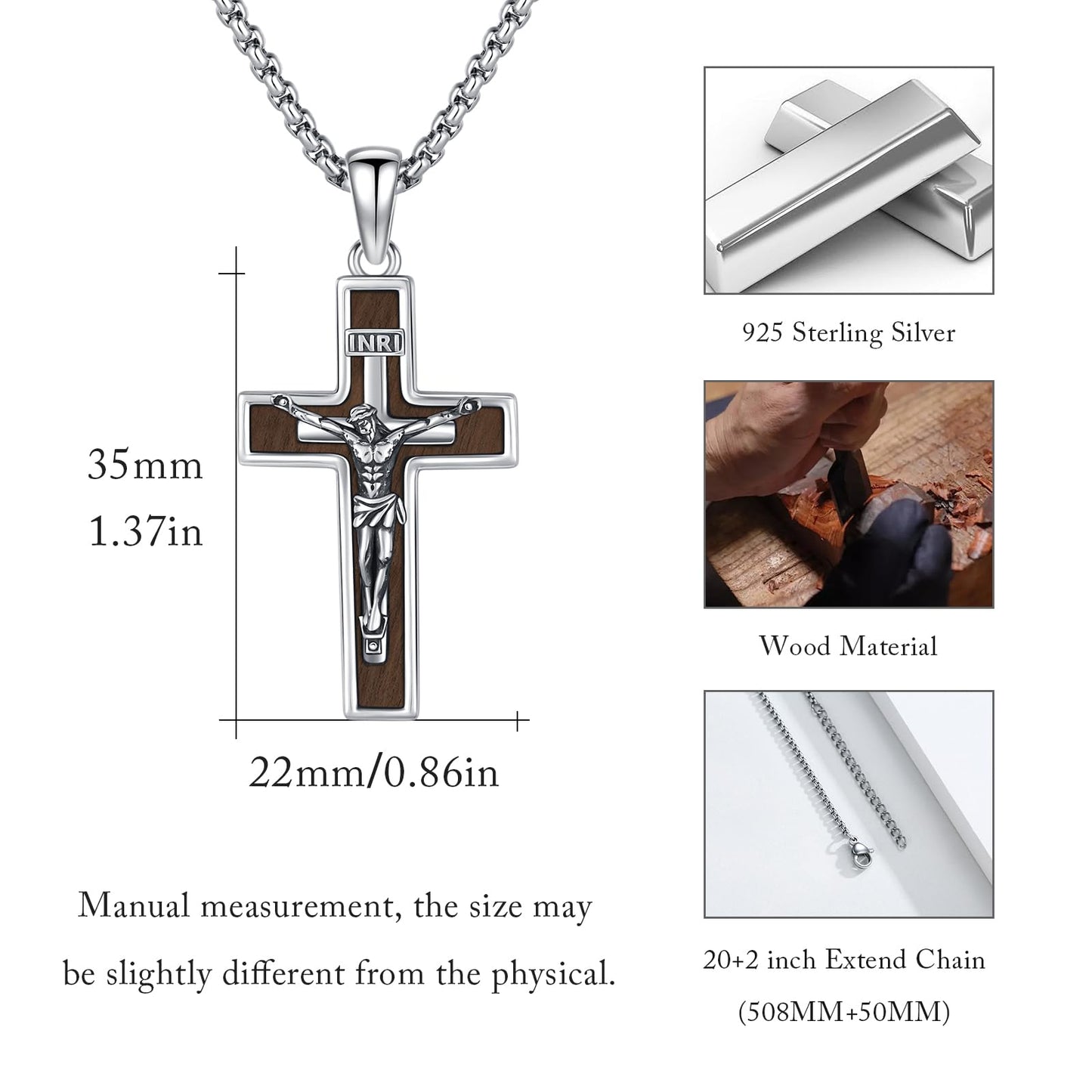 YEESIA Wooden Cross Necklace for Women Men 925 Sterling Silver Jesus Crucifix Pendant Necklace Cross Jewelry Gift for Women Men