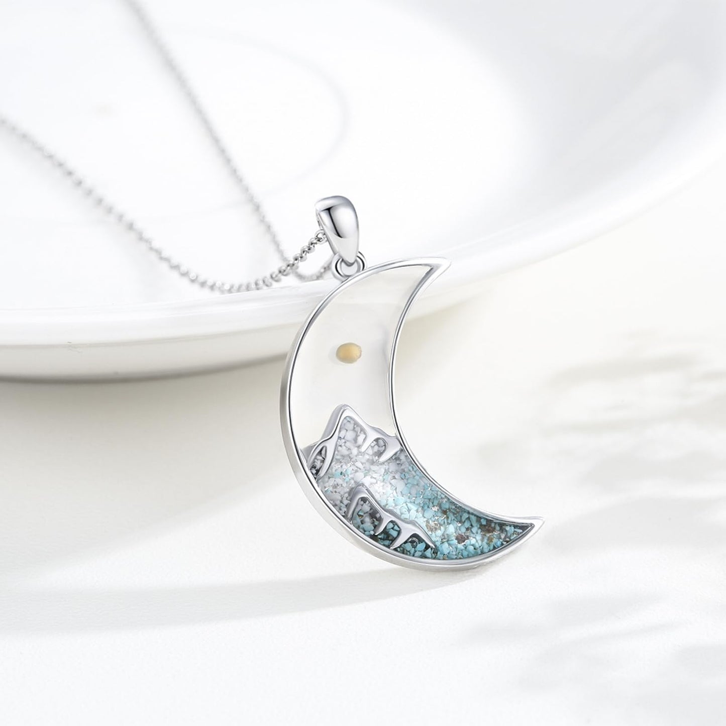 Suiknsn Mustard Seeed Necklace 925 Sterling Silver Turquoise Mountain Pendant Necklace Moon Jewelry Outdoor Hiking Gifts for Women Girlfriend
