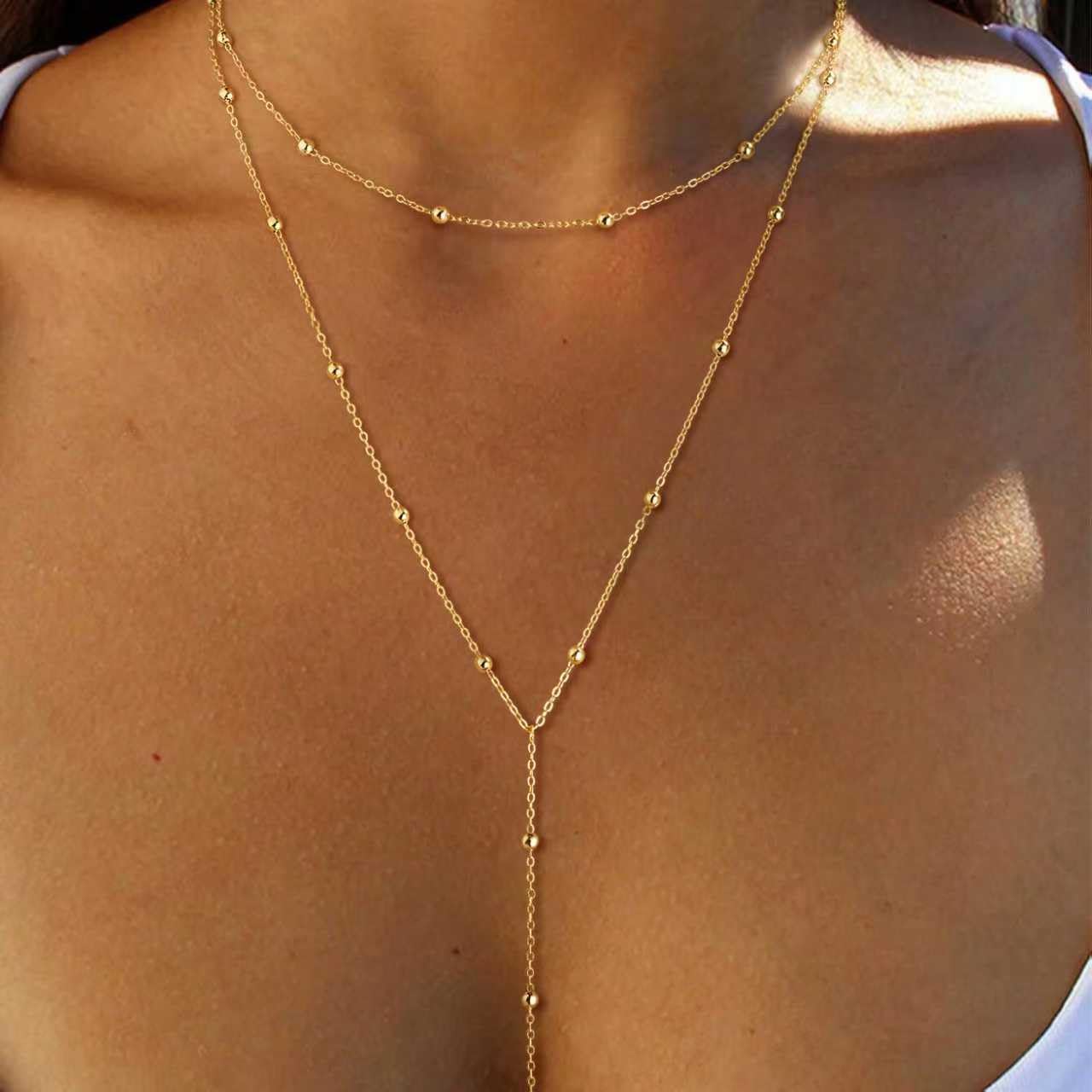 Fglqfam Lariat Necklace for Women, Dainty Long Necklaces, 14k Gold/Silver Plated Y-Shaped Drop Chain Necklace, Simple Layered Necklaces, Trendy Jewelry Gifts