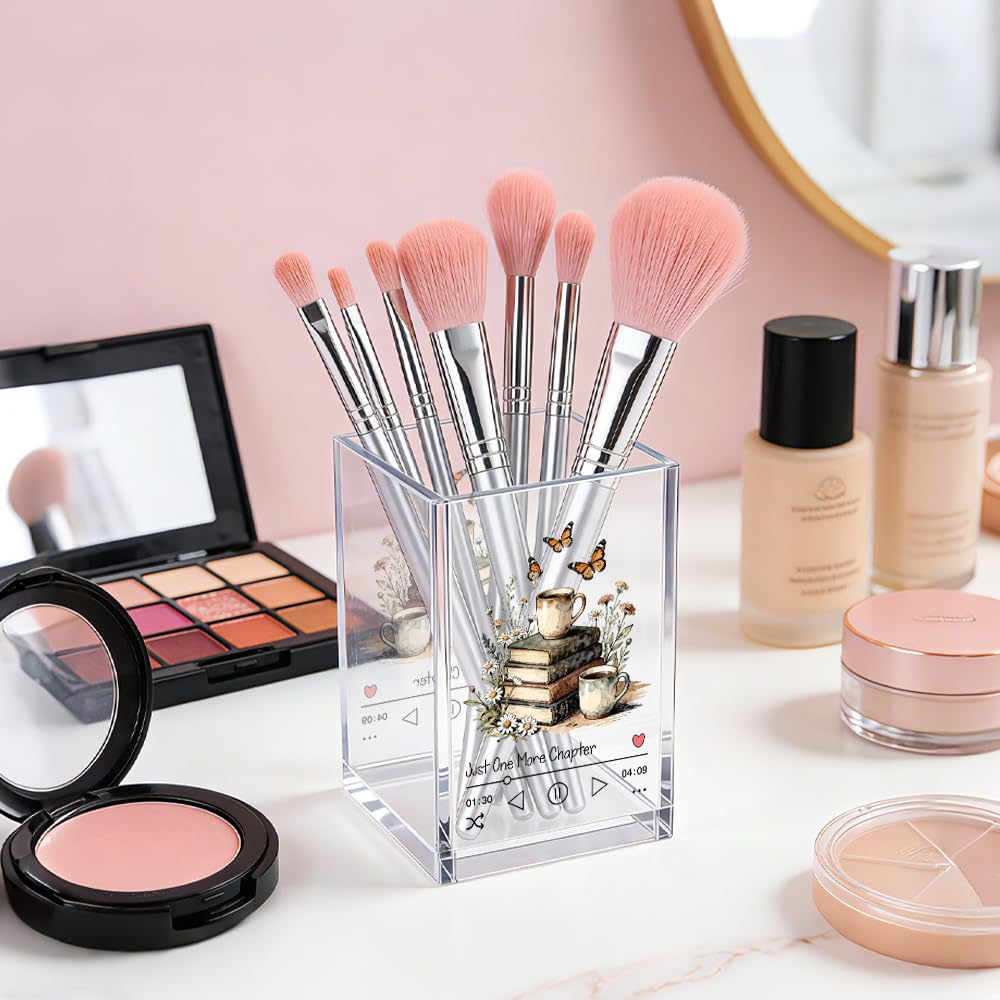 MGLZXLU Just One More Chapter Acrylic Pencil Pen Holder Cup, Reading Book Club Makeup Brush Storage Organizer, Cute Bookish Desk Accessories Holder Gifts for Daughter Librarian Teacher Holders (C)