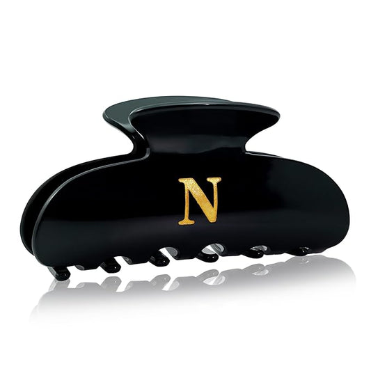 Acrylic Letter Hair Clips for Women - Black Monogram Hair Claw Alphabet Large Hair Clip, Fashion Glitter Claw Clips Elegant And Durable Hair Accessory, Letter N