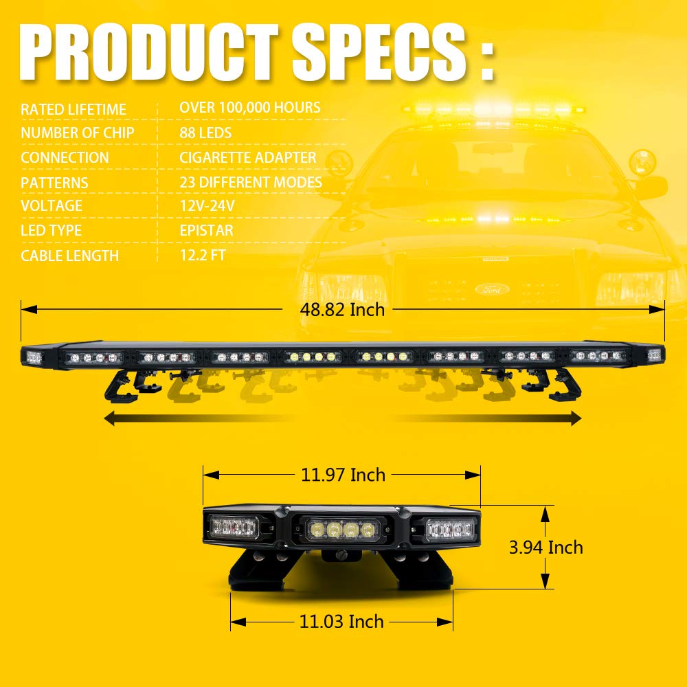 Xprite 48" Amber Emergency Strobe Bar Lights Black Hawk Hevy-duty Rooftop Security Flashing Hazard Warning Lightbar for Tow Trucks Construction Vehicles Traffic Pilot Cars Snowplow