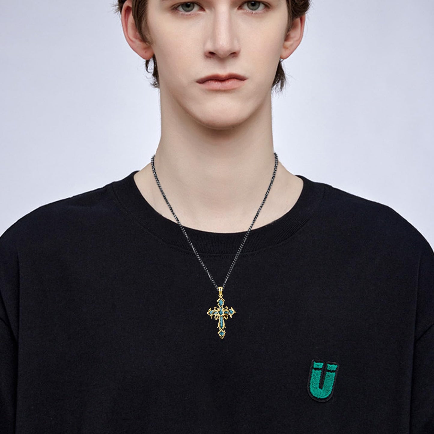 YEESIA Cross Necklace for Men Women, 925 Sterling Silver, Gold Cross Pendant Necklace with Turquoise, Christian Jewelry, Gift for Men Women