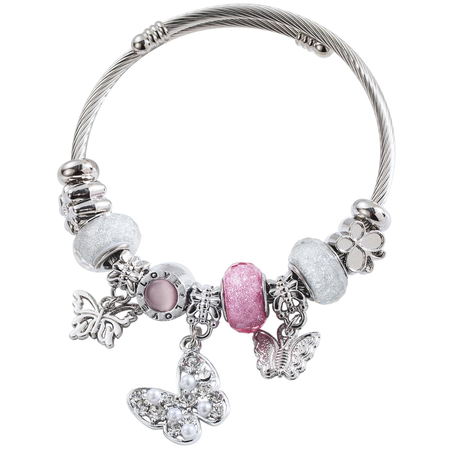 IUULOB Silver Women Bracelets - Adjustable Charm Bracelets for Women Birthday Gifts Favors Titanium Steel Bracelet Bundle Jewelry Kit (D: Butterfly - Pink)