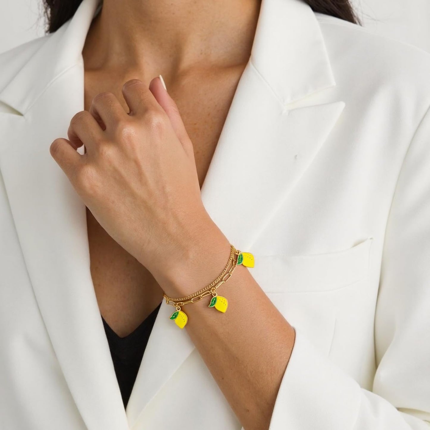 LCTrusttmor Gahna Summer Jewelry Gifts for Women, 18K Gold Plated Lemon Bracelet with Fruit Charms, Dainty Layered Chain Link Adjustable Bracelets Gift for Her