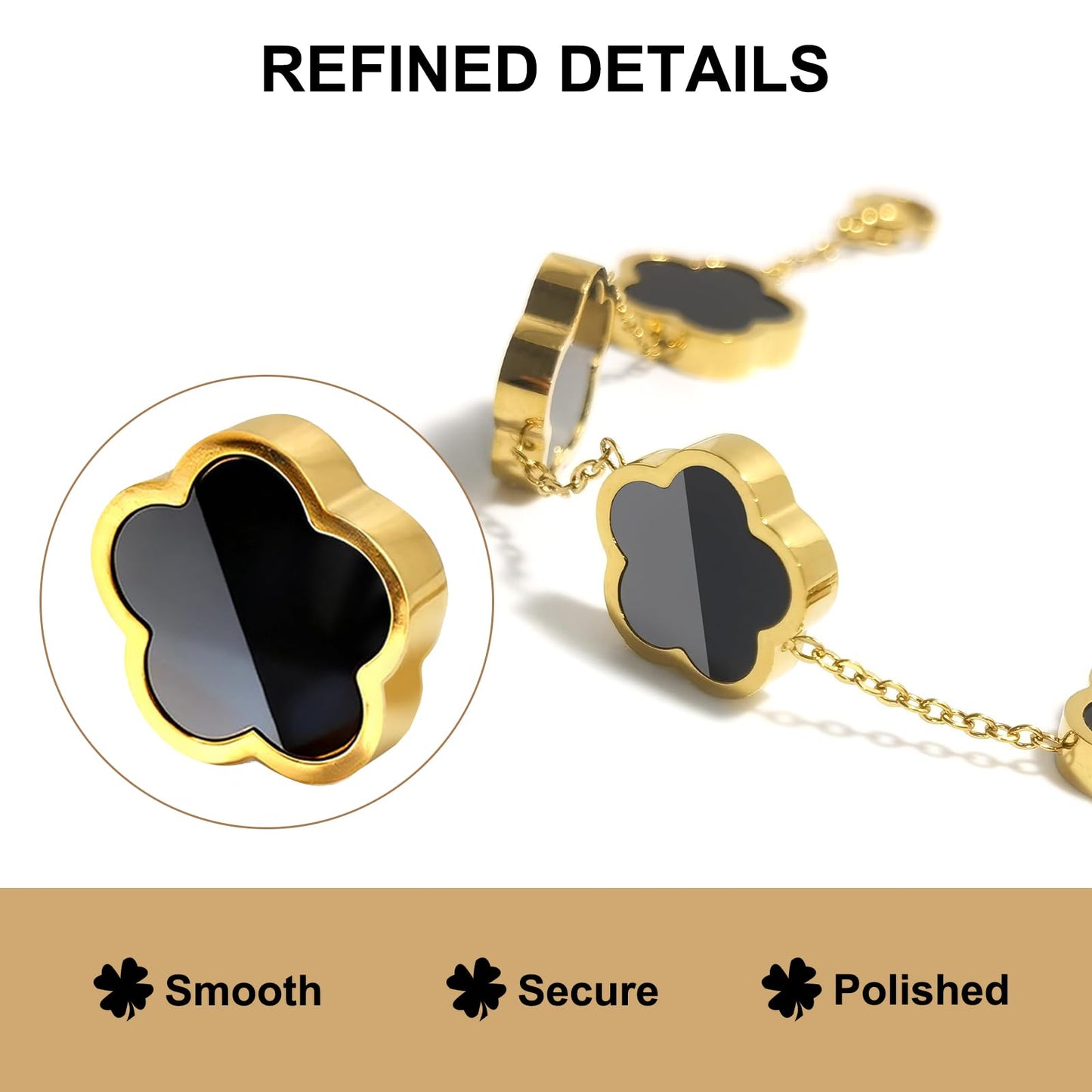 Eclatienne Four Leaf Clover Bracelet for Women – 18K Gold Plated Stainless Steel Lucky Bracelet, Adjustable 4 Leaf Charm Jewelry Gift (Black Floral)