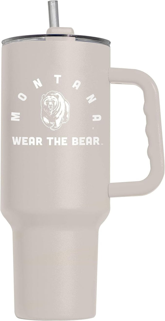 Logo Brands NCAA Montana Grizzlies Sand 40 oz Tumbler with Handle - Stylish Everyday Use Powder Coated-Stainless Steel with Straw- Keeps Cold For Hours