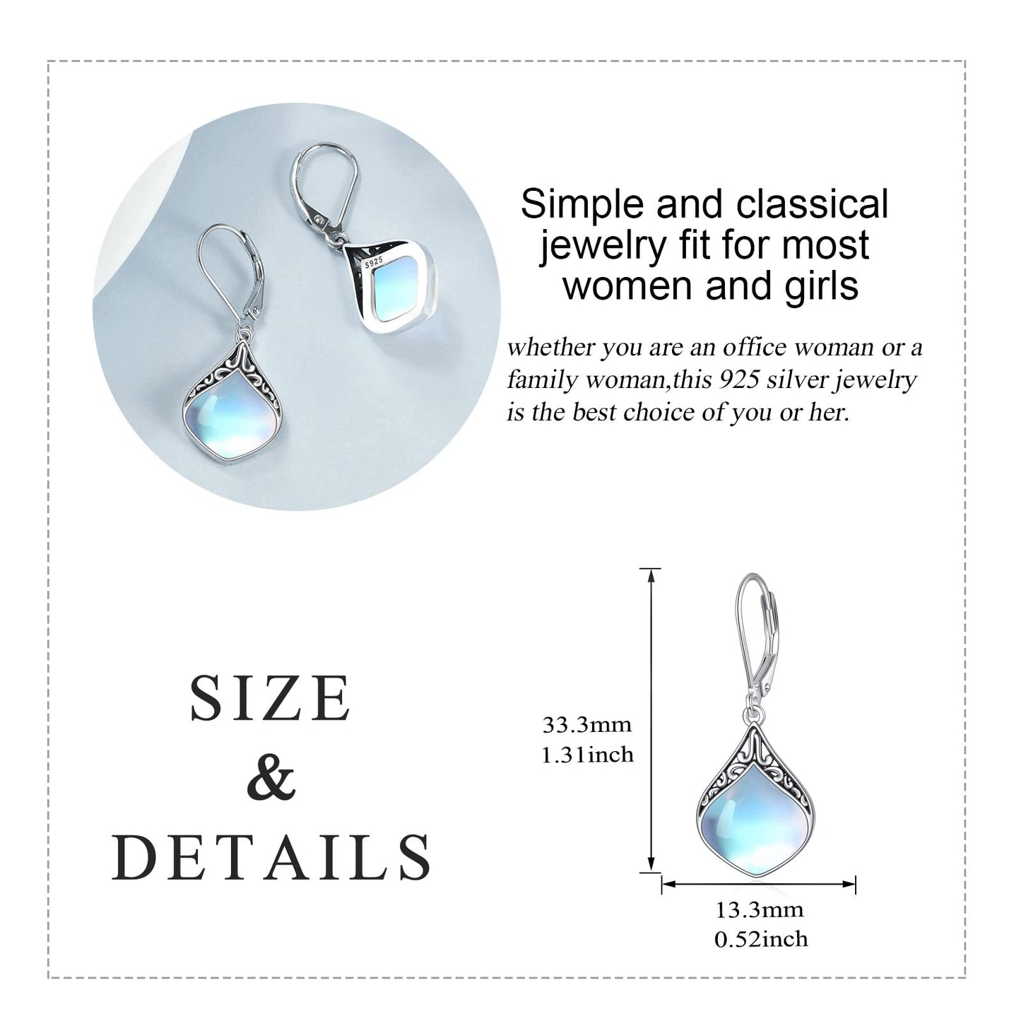 Teardrop Earrings Gifts Sterling Silver Filigree Irish Celtic Teardrop Drop Earrings Jewelry Gifts For Women(Oxidized moonstone teardrop earrings)