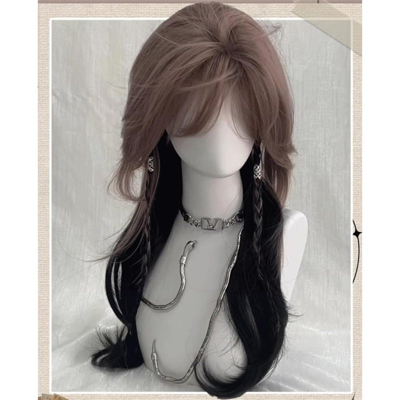 VVRPWASSLY Brown and Black Wig with Bangs Jellyfish Head Long Curly Hair High Temperature Silk Wig for Party