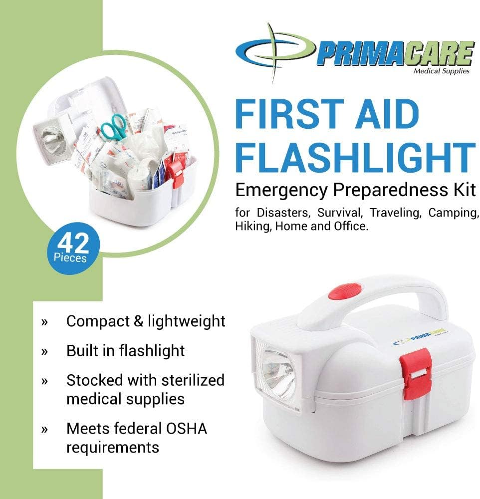 Primacare KB-9005 First Aid Flashlight Emergency Preparedness Kit for Disasters, Survival, Traveling, Camping, Hiking, Home and Office, 42 Pieces White