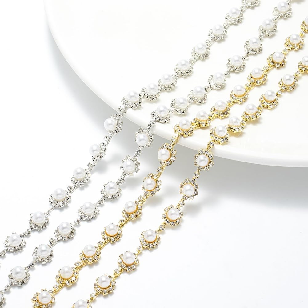 FYBownot 1 Yard Rhinestone Pearl Chain Trim, Inlaid Pearl Beaded for DIY Decoration and Bridal Embellishments,for Sewing Crafts Wedding Bridal Party Christmas