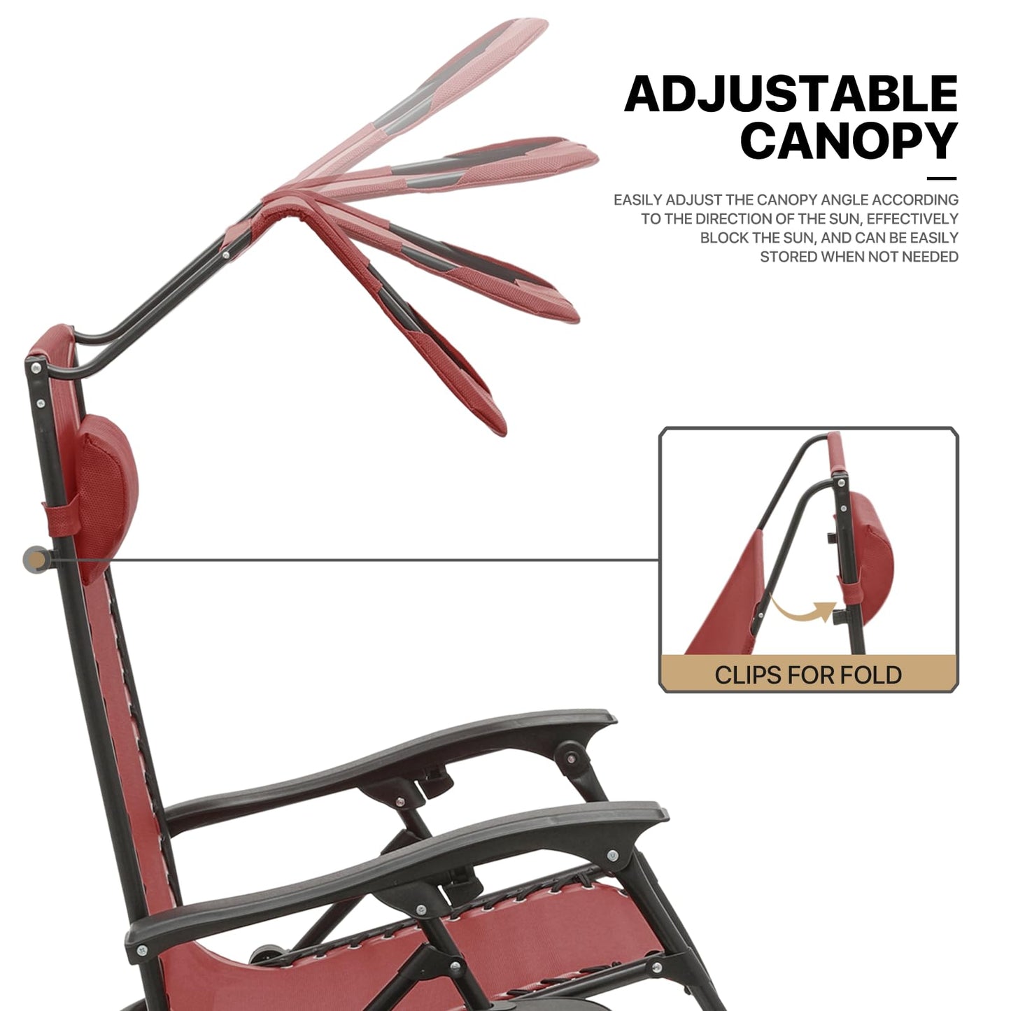MoNiBloom Patio Zero Gravity Chair Outdoor Recliner Lounger with Canopy Shade and Foot Rest, Cup Holder, 330lbs Capacity, Maroon