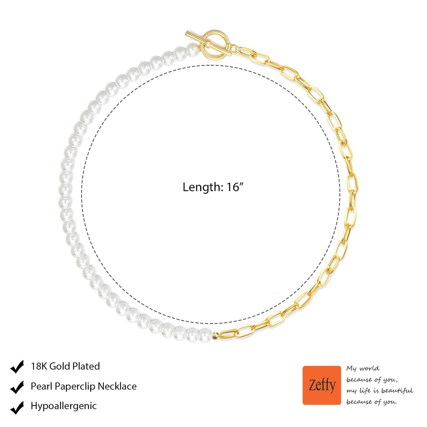 Zeffy Pearl Paperclip Chain Necklace, Vintage Chunky Link Chain Baroque Gold Pearl Paper Clip Choker Necklace Fashion Retro Charm Valentine Jewelry for Women
