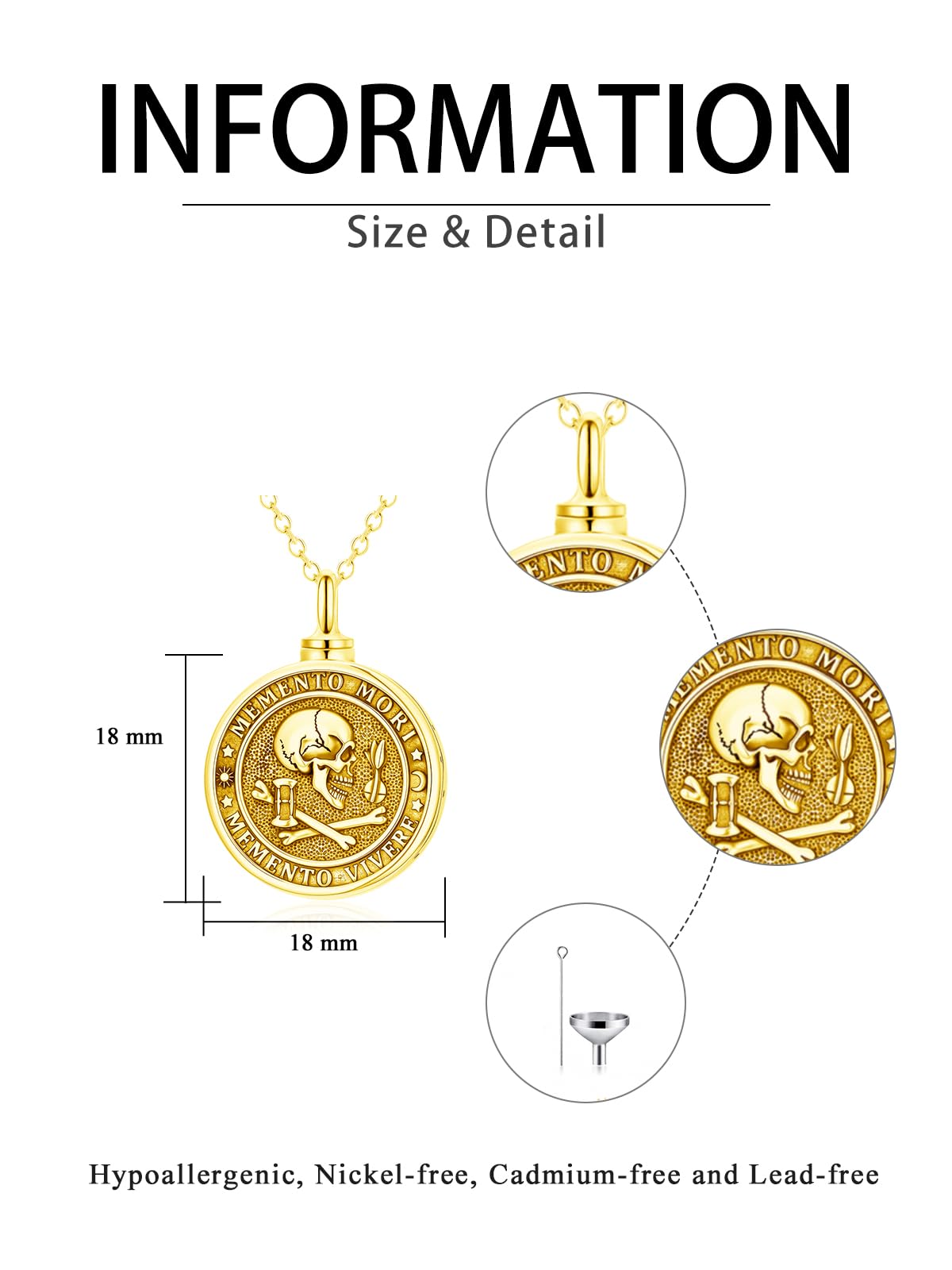 POIUY Memento Mori Gold Urn Necklace for Ashes Gothic Skull Cremation Pendant Tree of Life Memorial Keepsake Jewelry Stoicism Mori Gift for Men Women 22+2 Inch Chain