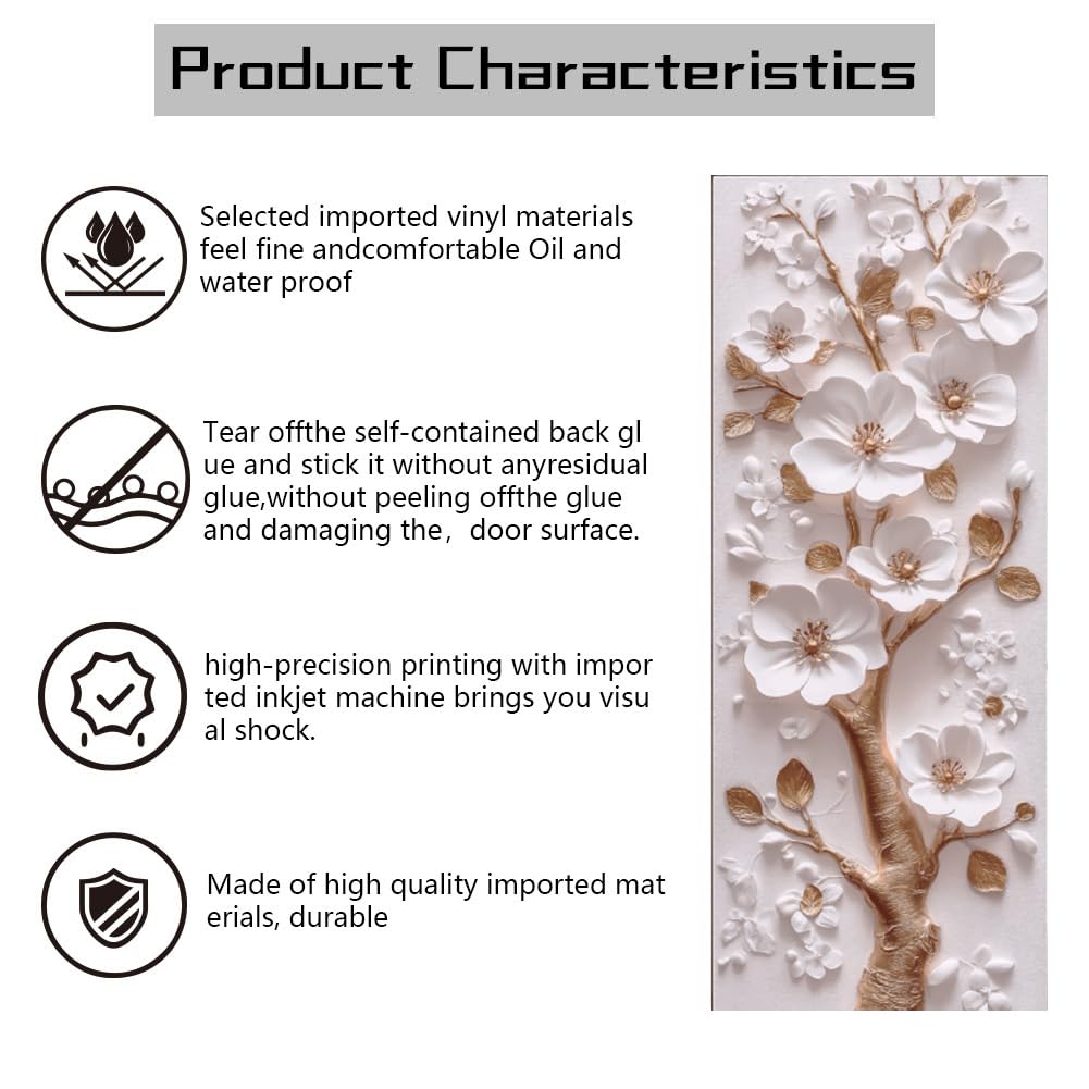 arricraft 2 Pcs Self-Adhesive Door Sticker, 31.5"x78.7" 3D Flower and Golden Branch Door Murals Stickers PVC Removable Wallpaper Decoration for Bedrooms Living Room