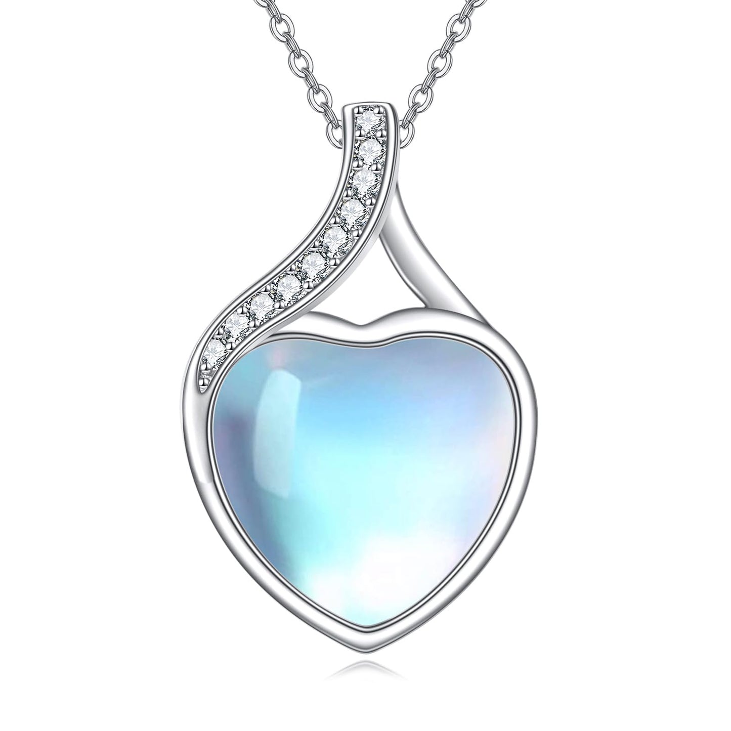 YAFEINI 925 Sterling Silver Moonstone Necklace Cubic Zirconia Heart Pendant Necklace Jewelry for Women (WW-Moonstone Cubic Zirconia Necklace)