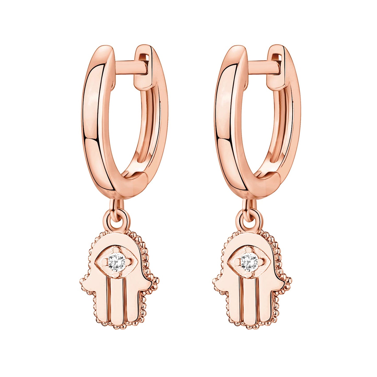 PAVOI 14K Rose Gold Plated 925 Sterling Silver Post Good Luck Dangle Huggie Hoop Earrings For Women - Trendy Hamsa Drop Hoop Earrings - Cubic Zirconia Small Hinged Huggies