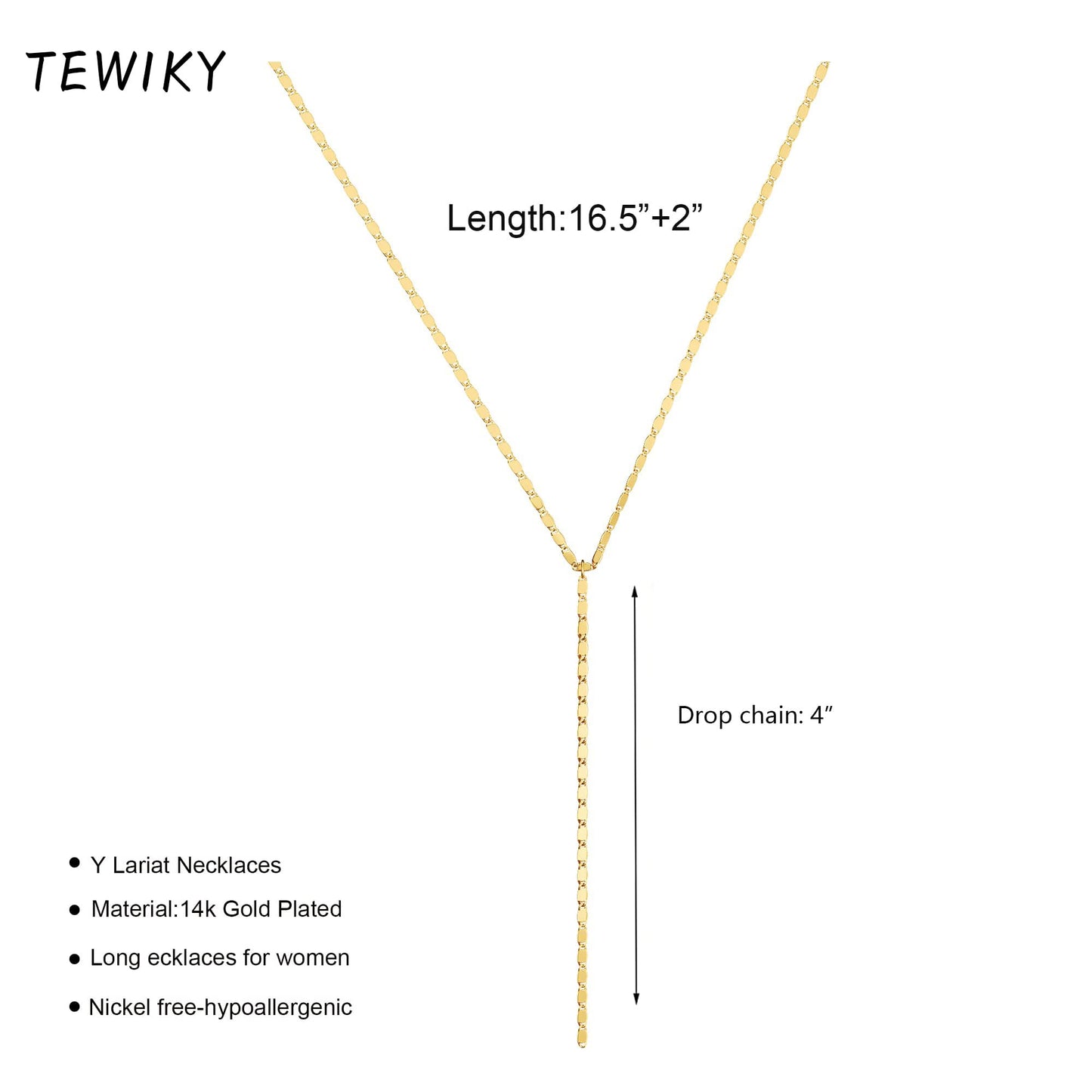 Tewiky Lariat Necklace for Women, Dainty Gold Long Necklaces 14k Gold Plated Heart Pearl CZ Teardrop Pendant Necklace Simple Drop Necklace Trendy Y Necklace Fashion Jewelry for Women