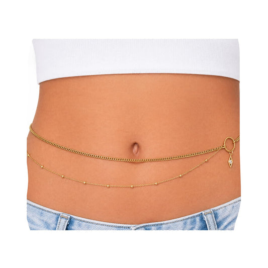 18k Gold Plated Belly Chain, Waist Beads, Waist Chains with Charm, Accessories for Women, Beach Boho Jewelry, Dainty, Layered and Adjustable Satellite Beads by R-Naya (Gold)