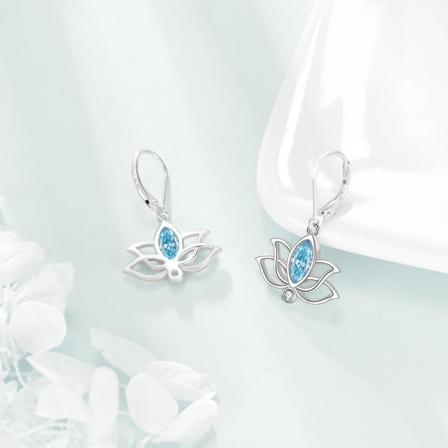 YFN Lotus Flower Earrings Sterling Silver Birthstone Lotus Leverback Dangle Drop Earrings Jewelry Gifts for Women (C. Mar)