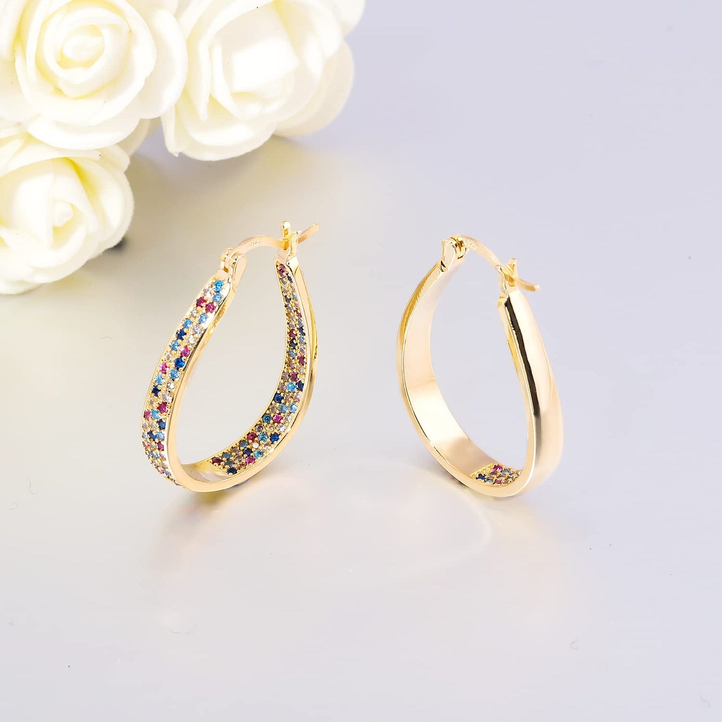 CiNily 925 Sterling Silver Post Hoop Earrings for Women Rainbow Cubic Zirconia Hoop Earrings 14K Gold Plated Oval Hoops Chunky Gemstone Earrings Jewelry