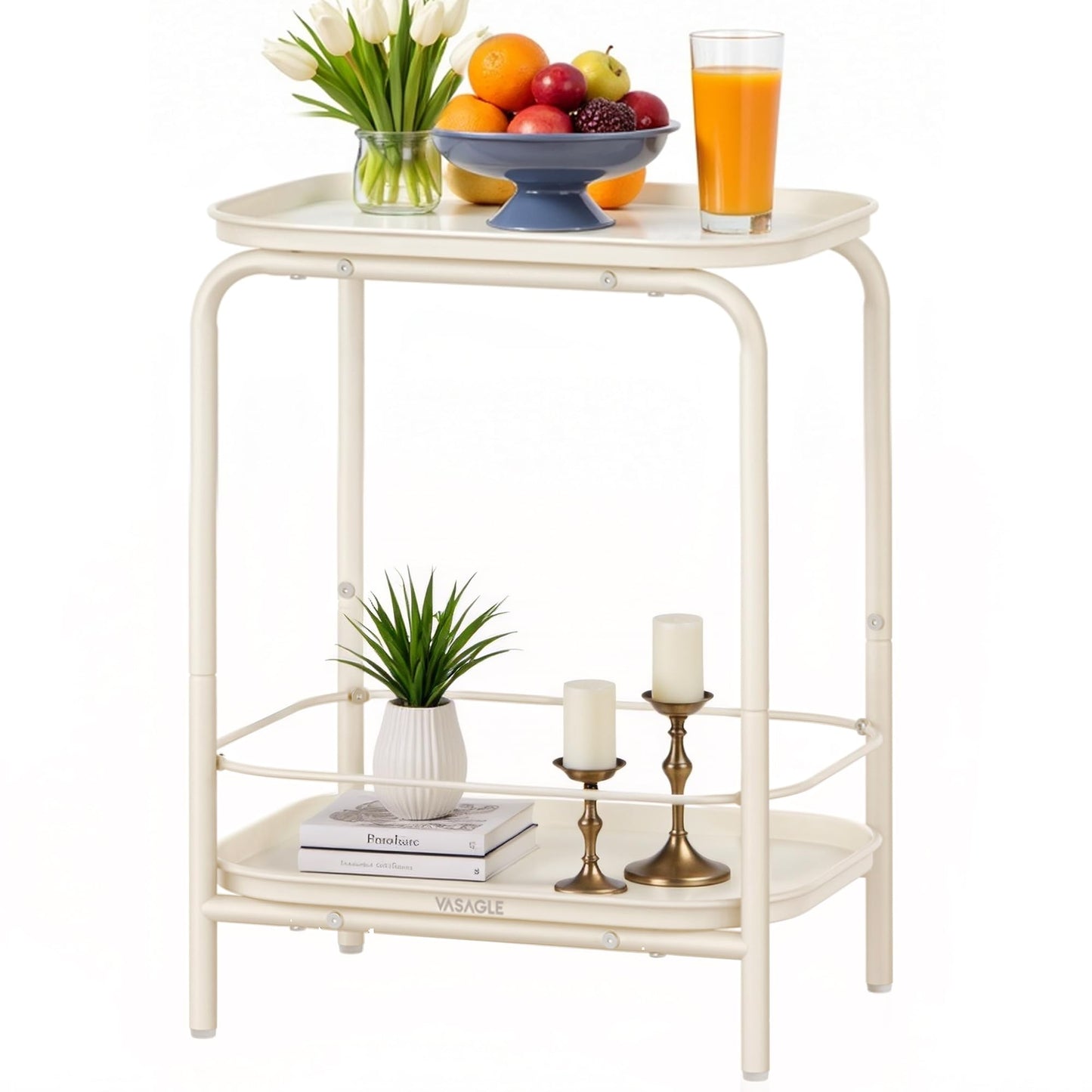 VASAGLE 2-Tier Outdoor Table, Small Side End Table with Tray Storage, Bedside Nightstand for Living Room, Bedroom, Modern Style, Cream White ULET243W01