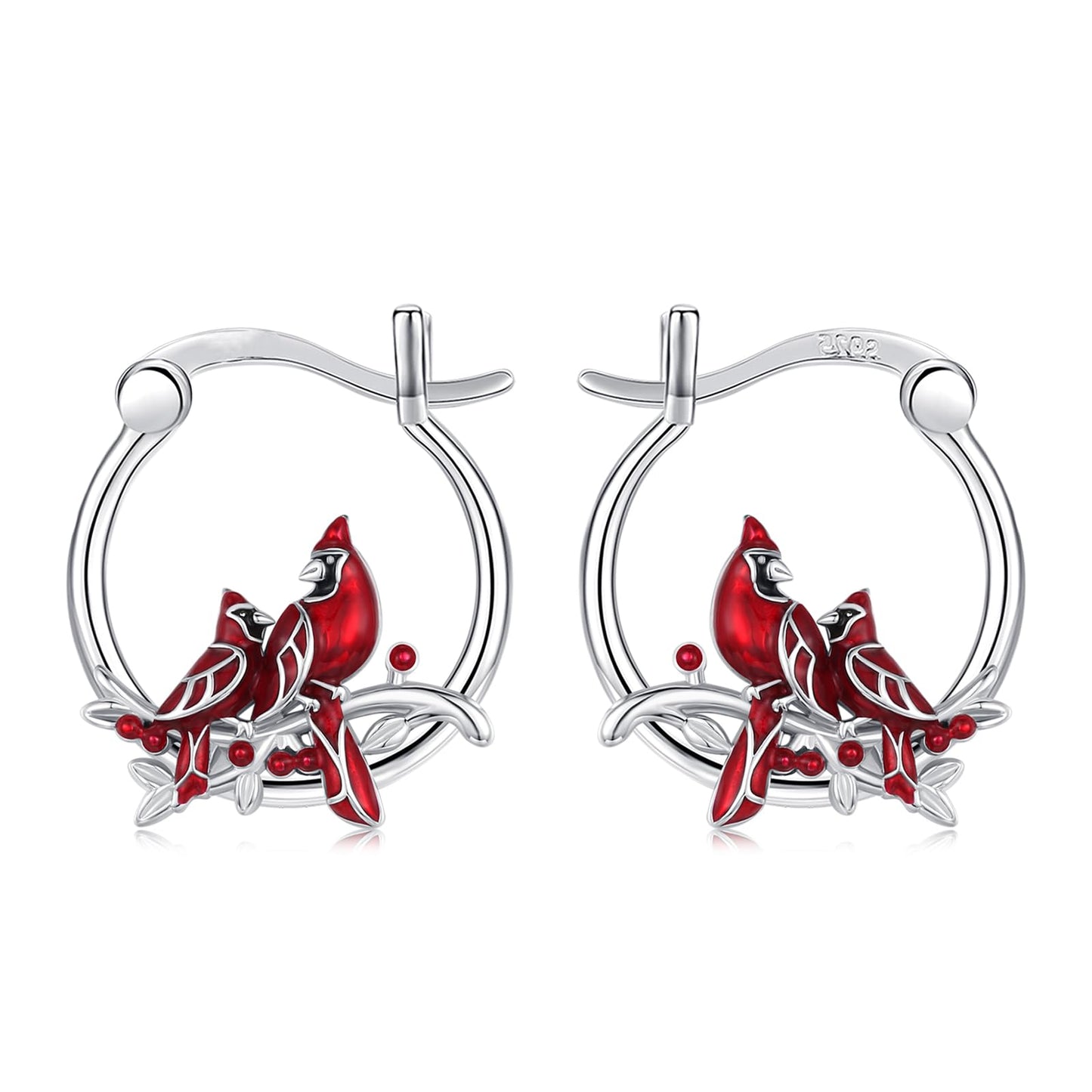 JUSTKIDSTOY Cardinal Earrings 925 Sterling Silver 2 Red Bird Hoop Earrings Jewelry Cardinal Gifts for Women Mother Grandma