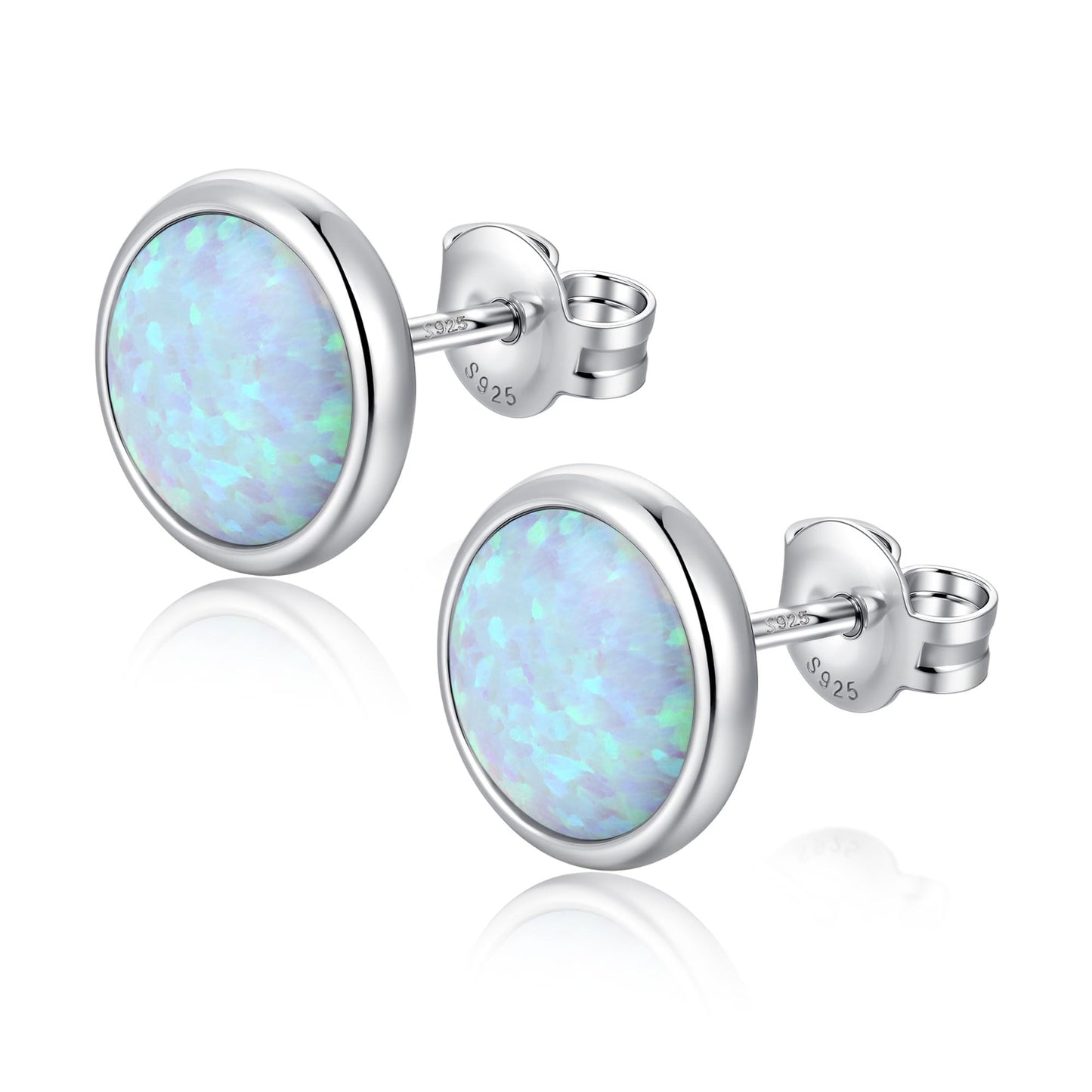 JiayangJY Silver White Fire Opal Stud Earrings for Women Sterling Silver Round Shape 8mm Opal Earrings with Push Back