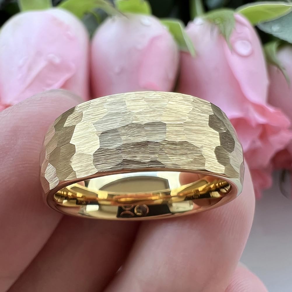 TUTISS 8mm Gold Hammered Tungsten Rings for Men Women Engagement Wedding Bands Domed I Love You Engraved Comfort Fit Size 6