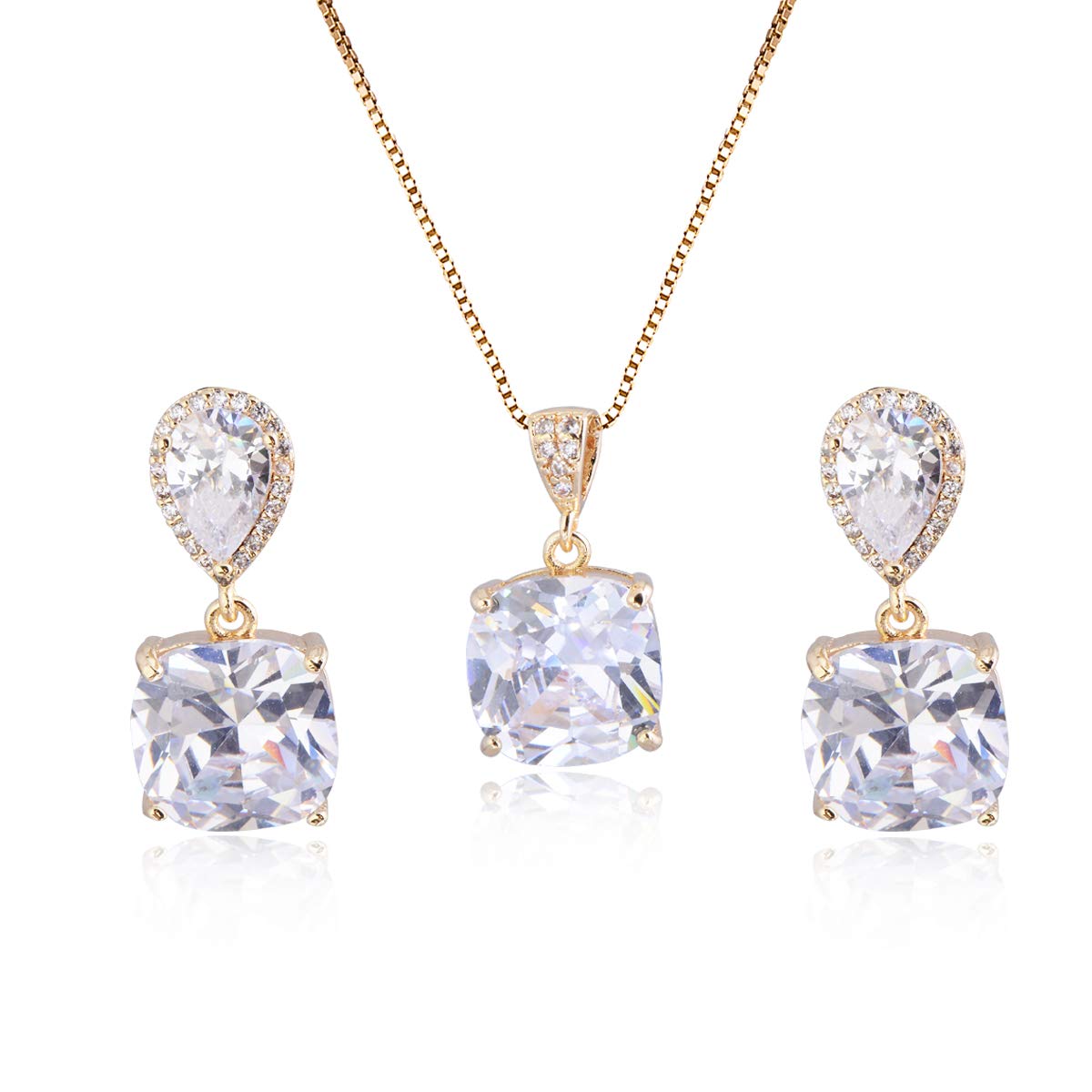 AMYJANE Jewelry Set - Women's Sterling Silver Square Teardrop Clear CZ Rhinestone Necklace and Earrings Set Bridal Jewelry Sets for Wedding Bride Bridesmaids Mother of Bride