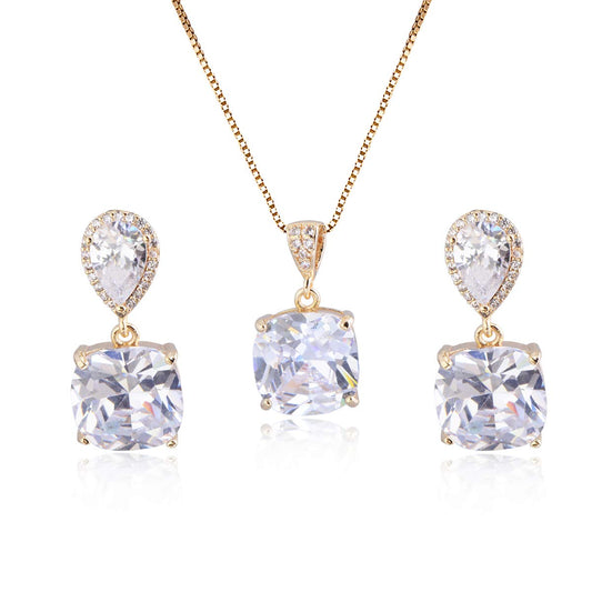 AMYJANE Jewelry Set - Women's Sterling Silver Square Teardrop Clear CZ Rhinestone Necklace and Earrings Set Bridal Jewelry Sets for Wedding Bride Bridesmaids Mother of Bride