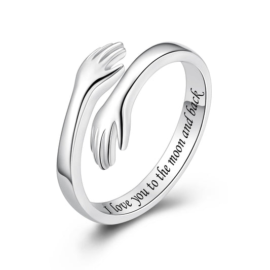 ACJFA Hug Rings for Women Sterling Silver Adjustable Ring for Women Daughter Hand Ring Jewelry for Birthday Gifts Holiday Gift (I love you to the moon and back)
