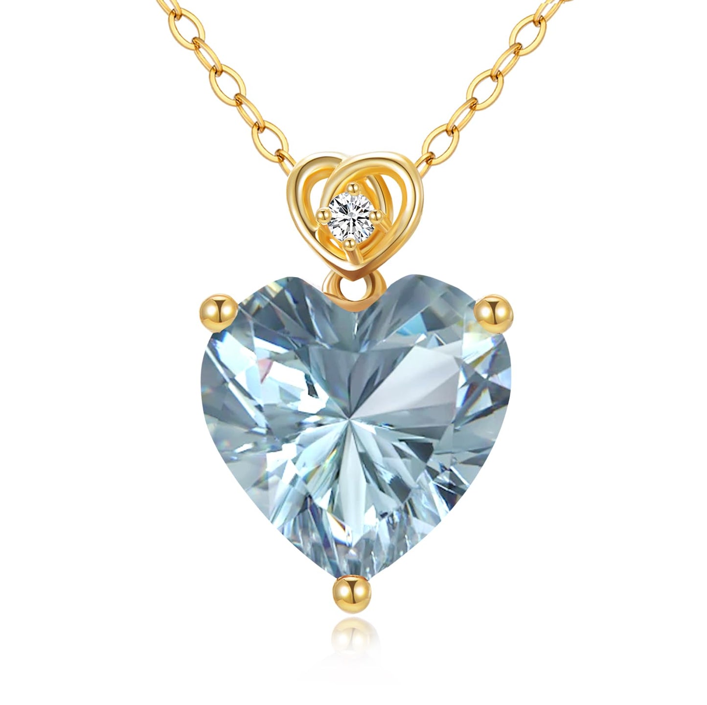 NFYBD 14k Gold Love Heart Aquamarine Birthstone Pendant Necklace for Women 3 Carat Heart-cut Created Gemstone Anniversary Birthday Mother's Day Necklaces for Her 16+1+1 inch-Mar