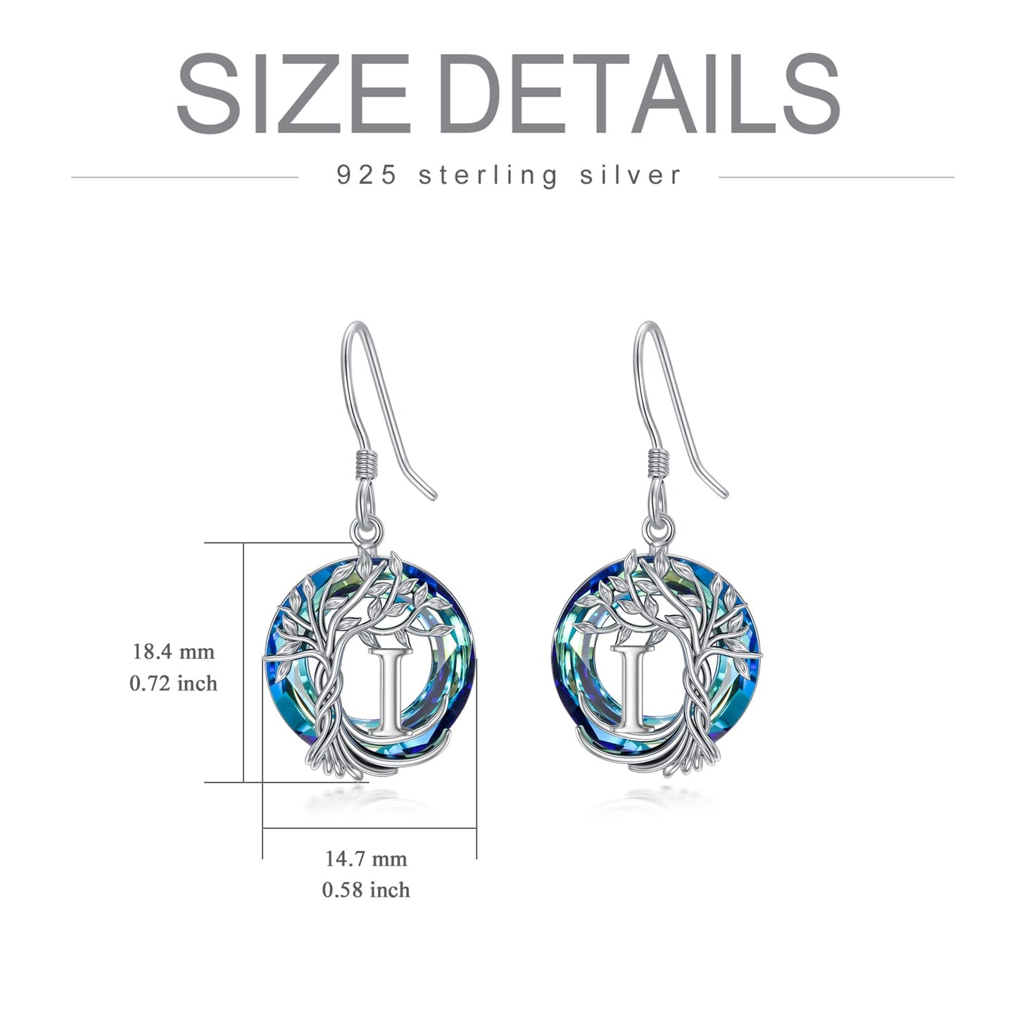 TOUPOP Tree of Life Initial Earrings Sterling Silver Initial I Letter Drop Dangle Earrings Blue Circle Crystal Family Tree Jewelry Birthday Mothers Day Gifts for Women Mom Her