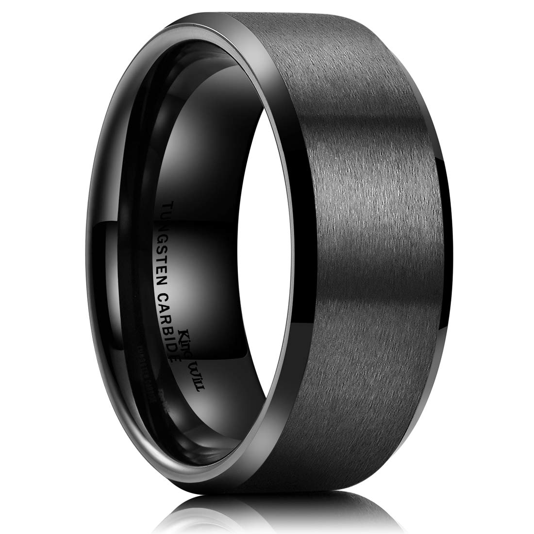 King Will 9mm Men's Black Wedding Ring - Brushed Matte Surface, Beveled Polished Edge, Comfort Fit Size 15