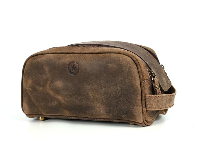 10" Premium Leather Toiletry Travel Pouch With Waterproof Lining Black Color | King-Size Handcrafted Vintage Shaving Kit By Aaron Leather Goods (Brown)
